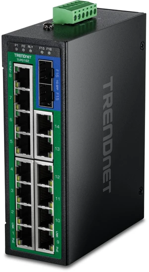 TRENDnet 16-Port Hardened Industrial Unmanaged Gigabit PoE+ DIN-Rail Switch, TI-PG162, 14 x Gigabit Ports, 2 x Gigabit SFP Slots, 32Gbps, IP30 Gigabit Network Ethernet Switch TRENDnet 16-Port Hardened Industrial Unmanaged Gigabit PoE+ DIN-Rail Switch, TI-PG162, 14 x Gigabit Ports, 2 x Gigabit SFP Slots, 32Gbps, IP30 Gigabit Network Ethernet Switch