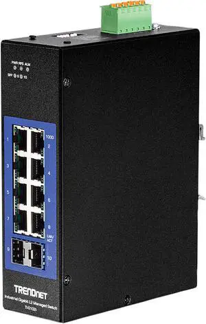 TRENDnet 10-Port Industrial Gigabit L2 Managed DIN-Rail Switch, 8 X Gigabit, 2 X SFP Slots, DIN-Rail Mount, IP30, Vlan, Qos, Lacp, Stp/Rstp, Bandwidth Management, Lifetime Protection, TI-G102i TRENDnet 10-Port Industrial Gigabit L2 Managed DIN-Rail Switch, 8 X Gigabit, 2 X SFP Slots, DIN-Rail Mount, IP30, Vlan, Qos, Lacp, Stp/Rstp, Bandwidth Management, Lifetime Protection, TI-G102i