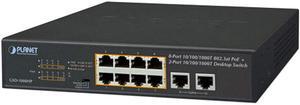 PLANET GSD-1008HP Unmanaged 8-Port 10/100/1000T 802.3at PoE + 2-Port 10/100/1000T Desktop Switch (120 Watts)