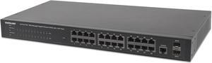 Intellinet 24-Port Gigabit Ethernet PoE+ Web-Managed Switch with 2 SFP Ports, 24 x PoE ports, IEEE 802.3at/af Power over Ethernet (PoE+/PoE), 2 x SFP, Self-Healing Network, Endspan, 19" Rackmount