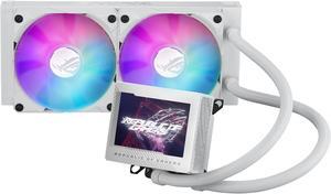 ASUS ROG Ryujin III 240 ARGB WHT all-in-one liquid CPU cooler with 240mm radiator. Asetek 8th gen pump, 2x magnetic 120mm ARGB fans (Daisy Chain design), 3.5” LCD display