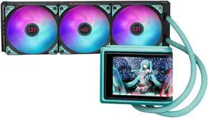 ASUS ROG RYUO IV 360 ARGB Hatsune Miku Edition with curved 6.67-inch AMOLED display supports naked-eye video or customized system information, and pre-mounted ARGB fans
