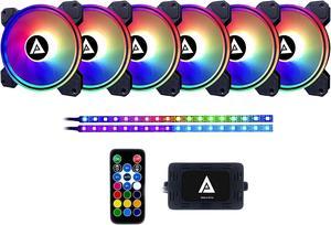 Apevia Electro ET62-RGB 120mm Silent Addressable RGB Color Changing LED Fan (6 fans) + 2 x Color Changing Magnetic LED Strips & 4-pin Control Box and RF Remote (6 + 2 Pack)