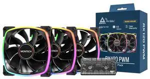 MONTECH RX 120MM - PWM Reverse Fan - Silent Performance - High Speed 1600PWM - High-End Durability with HDB Bearing - Stunning Outer Ring ARGB Lighting Design  3 in 1 Pack with 6X6 Fan Hub - Black