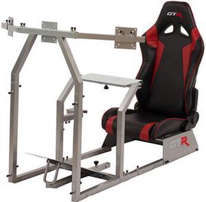 GTR Simulator GTA-F Model (Silver) Triple or Single Monitor Stand with Black/Red Adjustable Leatherette Seat, Racing Gaming Driving Simulator Cockpit gaming chair Triple Monitor Stand