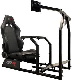 GTR Simulator GTAF-S-S105LBK - GTA-F Model (Silver) Triple or Single Monitor Stand with Black Adjustable Leatherette Seat, Racing Simulator Cockpit Gaming Chair Single Monitor Stand