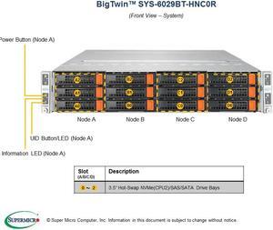 Supermicro SuperServer 6029BT-HNC0R Barebone System - 2U Rack-mountable - Intel C621 Chipset - 4 Number of Node(s) - Socket P LGA-3647 - 2 x Processor Support - Black