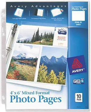 Avery 13401 Photo Pages for Six 4 x 6 Mixed Format Photos, 3-Hole Punched, 10/Pack