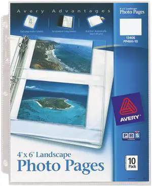 Avery 13406 Photo Pages for Four 4 x 6 Horizontal Photos, 3-Hole Punched, 10/Pack