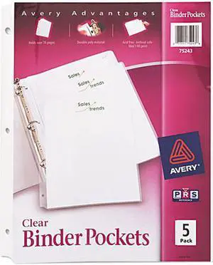 Avery AVE75243 Binder Pockets, 3-Hole Punched, 9 1/4 x 11, Clear, 5/Pack