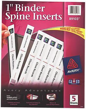 Avery Binder Spine Inserts 1" Spine Width 8 Inserts/Sheet 5 Sheets/Pack 89103