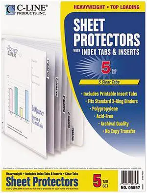 C-line 05557 Sheet Protectors w/Five Clear Index Tabs & Inserts, Heavy Wt, Letter