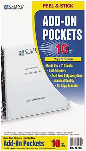 C-line 70185 Peel & Stick Add-On Filing Pockets, 5-1/8 x 8-3/4, 10/Pack