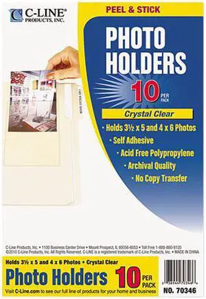 C-line 70346 Peel & Stick Photo Holders for 3x5 & 4 x 6 Photos, 4-3/8 x 6-1/2, Clear, 10/Pack