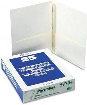 Oxford 57704 Paper Twin-Pocket Portfolio, Tang Clips, Letter, 1/2" Capacity, White, 25/Box
