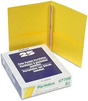 Oxford 57709 Twin-Pocket Portfolio, Tang Clips, Letter, 1/2" Capacity, Yellow, 25/Box