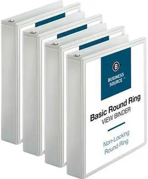 Business Source 09955BD Round Ring View Binder 350-Sheet Capacity, White - 4 / Bundle