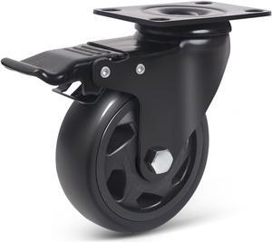 Nippon Labs 4 Inch Swivel Caster Wheels with 2 Brakes + Screws, No Noise Wheels, Heavy Duty - 300 lbs. Per Caster Black (Pack of 4)