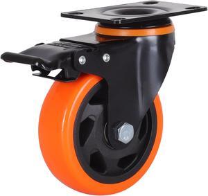 Nippon Labs 4 Inch Swivel Caster Wheels with 2 Brakes + Screws, No Noise Wheels, Heavy Duty - 300 Lbs Per Caster Orange (Pack of 4)
