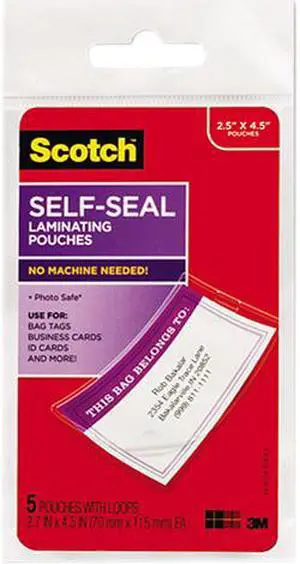 LS853-5G Scotch Self-Sealing Laminating Sheets, 12.5 mil, 2 13/16 x 4 9/16, Luggage Tag Size, 5