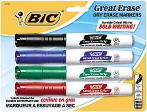 BIC GDEMP41-ASST Great Erase Grip XL Dry Erase Markers, Chisel, Assorted, 4/Set