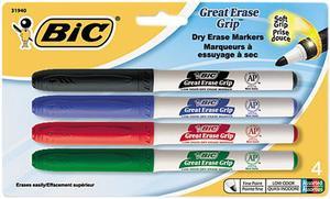 BIC GDEP41-ASST Great Erase Grip Dry Erase Markers, Fine Point, Assorted, 4/Set