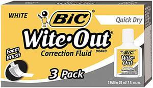 BIC WOFQD324 Wite-Out Quick Dry Correction Fluid, 20 ml Bottle, White, 3/Pack