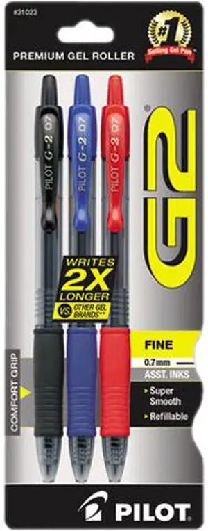 Pilot 31023 G2 Roller Ball Retractable Gel Pen, Assorted Ink, Fine, 3 per Pack