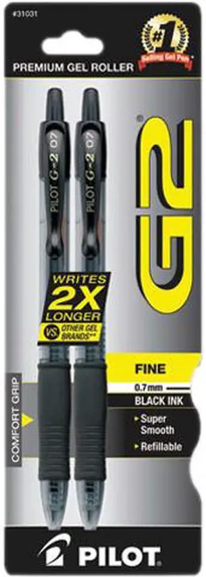 Pilot 31031 G2 Gel Roller Ball Pen, Retractable, Black Ink, 0.7mm Fine, 2 per Pack