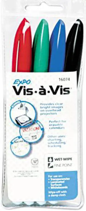 EXPO 16074 Vis-à-Vis Wet-Erase Overhead Projection Marker, Fine Point, Asstd., 4/Set