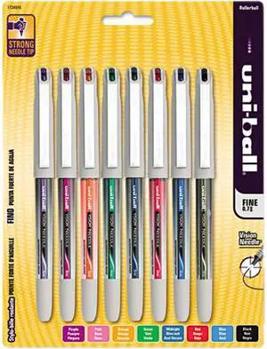 uni-ball 1734916 Vision Needle Roller Ball Stick Liquid Pen, Assorted Ink, Fine, 8 per Pack