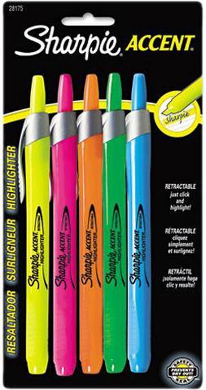 Sharpie 28175PP Retractable Highlighters, Chisel Tip, Assorted Fluorescent Colors, 5/Set