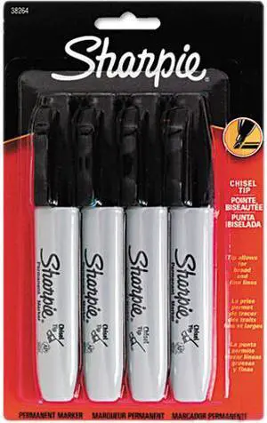 Sharpie 38264PP Permanent Markers, 5.3mm Chisel Tip, Black, 4/Pack