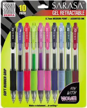 Zebra 46881 Sarasa Roller Ball Retractable Gel Pen, Asstored Ink, Medium, 10 per Pack