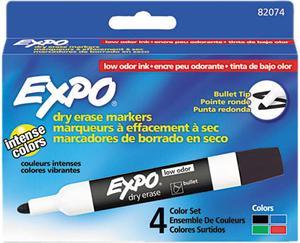 EXPO 82074 Low Odor Dry Erase Markers, Bullet Tip, Assorted, 4/Set