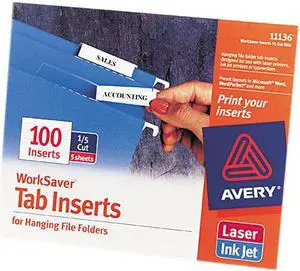 Avery 11136 Printable Inserts for Hanging File Folders, 1/5 Tab, Two Inch, White, 100/Pack