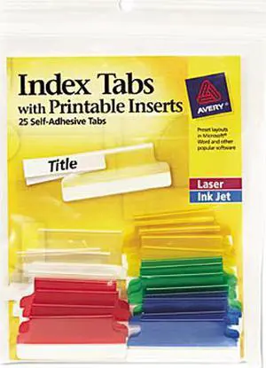 Avery 16228 Self-Adhesive Tabs, Printable Inserts, 1 1/2 Inch, Assorted Tab, White, 25/Pack