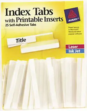 Avery 16241 Self-Adhesive Tabs with White Printable Inserts, Two Inch, Clear Tab, 25/Pack