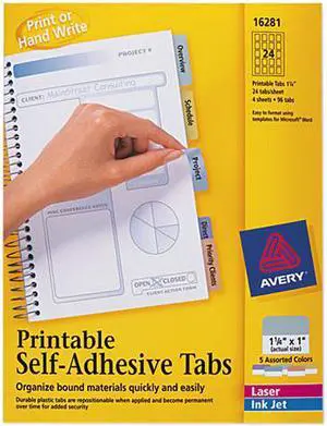 Avery 16281 Printable Repositionable Plastic Tabs, 1 1/4 Inch, Assorted, 96/Pack