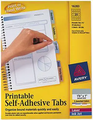 Avery 16283 Printable Repositionable Plastic Tabs, 1 3/4 Inch, Assorted, 80/Pack