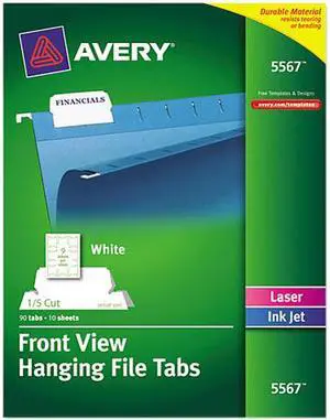 Avery 5567 Print/Write-On Hanging Tabs, 1/5 Tab, 2 1/16 Inch, White, 90/Pack