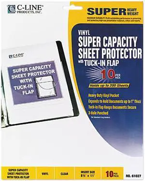 C-line 61027 Super Capacity Sheet Protector with Tuck-In Flap, Letter, Vinyl, Clear, 10/Pack