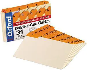 Oxford 05832 Laminated Index Card Guides, Daily, 1/5 Tab, Manila, 5 x 8, 31/Set
