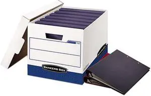 Bankers Box 0073301 BINDERBOX Storage Box, Locking Lid, White/Blue, 12/Carton