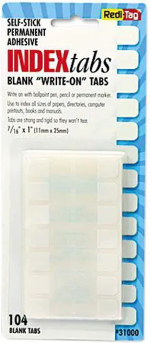 Redi-Tag 31000 Side-Mount Self-Stick Plastic Index Tabs, One Inc, White, 104/Pack