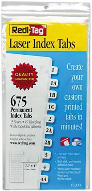 Redi-Tag 39000 Laser Printable Index Tabs, 7/16 x 1, White, 675/Pack