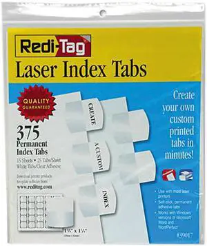 Redi-Tag 39017 Laser Printable Index Tabs, 1 1/8 x 1 1/4, White, 375/Pack