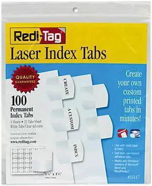 Redi-Tag 33117 Laser Printable Index Tabs, 1 1/8 Inch, White, 100/Pack