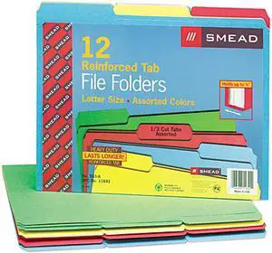 Smead 11641 File Folders, 1/3 Cut, Reinforced Top Tabs, Letter, Assorted, 12/Pack