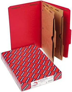 Smead 19082 Pressboard Folders, Two Pocket Dividers, Legal, Six-Section, Bright Red, 10/Box